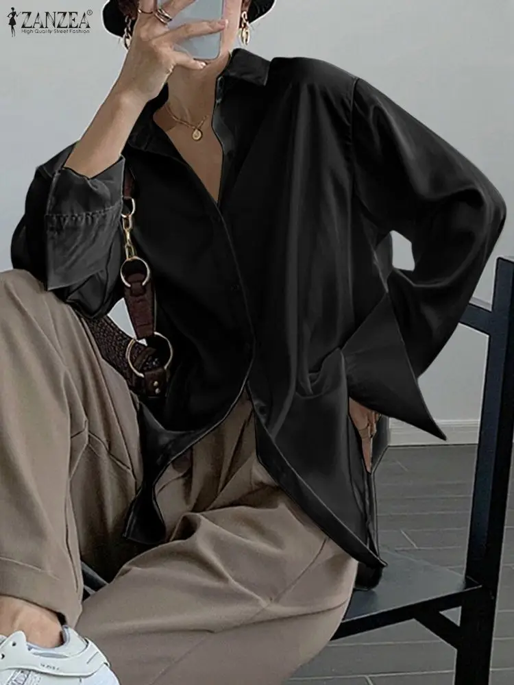 ZANZEA 스타일리시 여성 가을 긴팔 사무실 새틴 셔츠 2025 우아한 OL 워크 블라우스 캐주얼 솔리드 탑스 라펠 넥 튜닉 스트리트