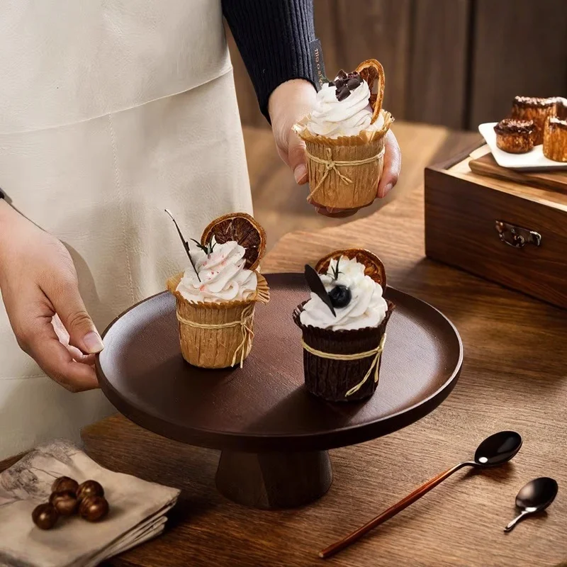 

Retro round Wooden Plate High-legged Living Room Sna Dry Fruit Cake Plate l Cherry Wood Handmade Dining Utensils