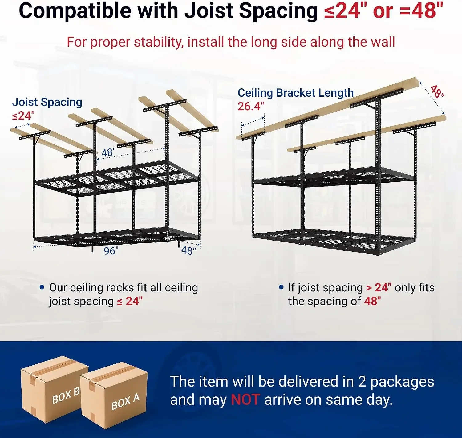 4x8 2-Tier Overhead Garage Storage Rack - Adjustable Heavy Duty Metal Garage Ceiling Storage Racks, 1000 lbs Capacity