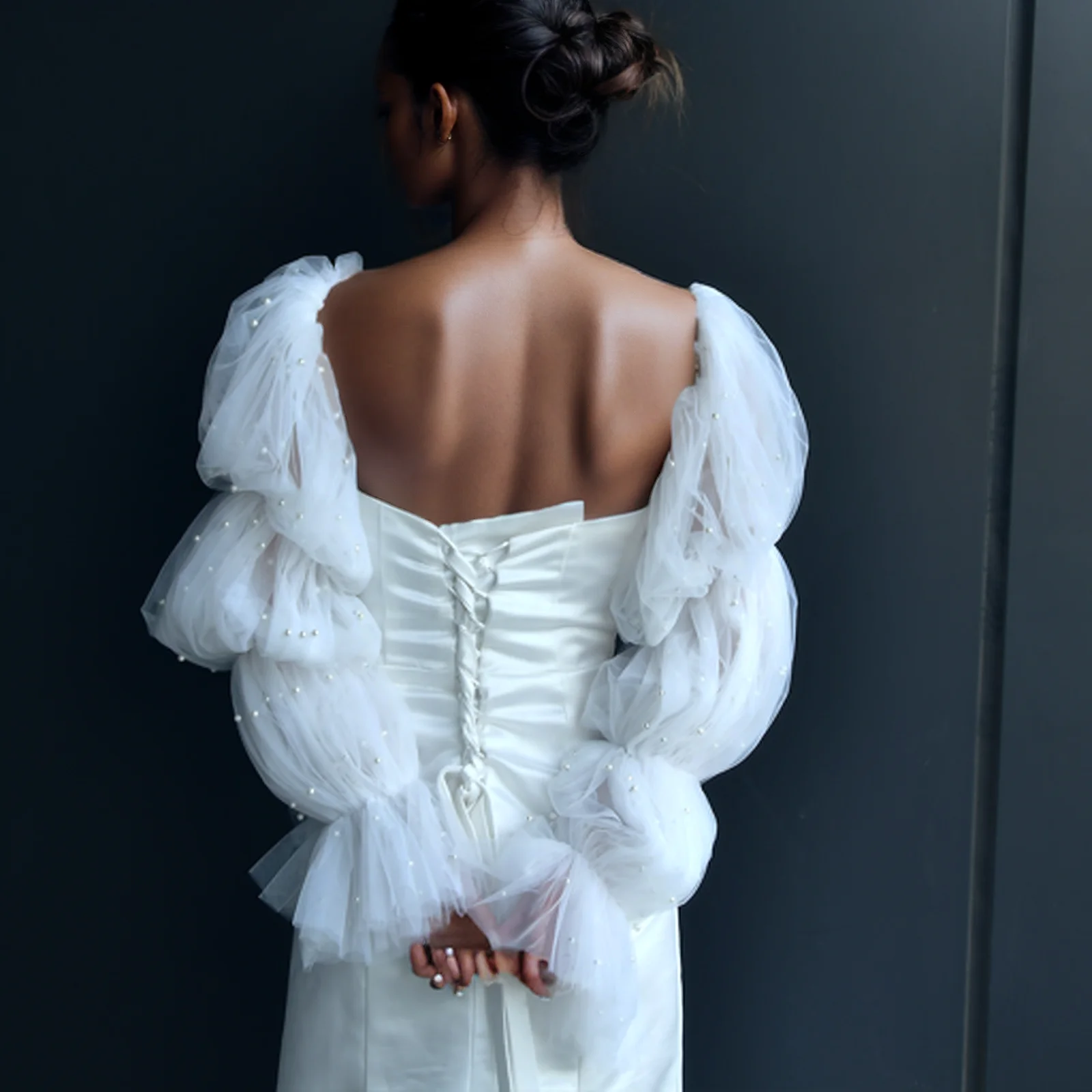 حجاب الزفاف بأكمام منتفخة قفازات زفاف مرصعة باللؤلؤ أبيض عاجي إكسسوارات الزفاف مناسبة لاستقبال الزفاف GM28 #5