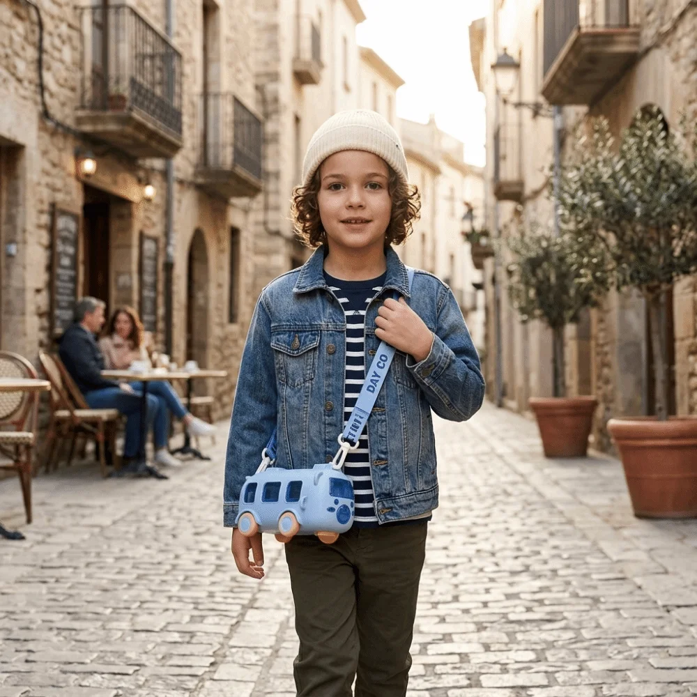 Cute 500ml Bear Water Bottle Large Capacity Bus Shaped Kids Drinking Bottle Shoulder Strap Reusable Bounce Straw Kettle School