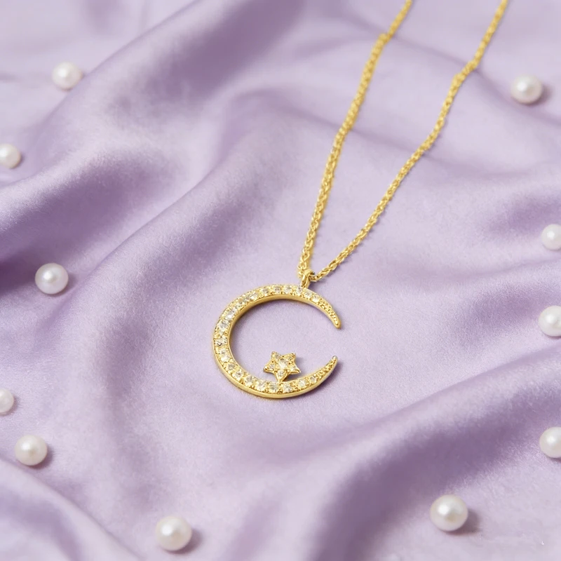 Celestinova Copper Round Cut Moissanite Moon Star Pendant Necklace D Color VVS1 Luxury High-quality Jewelry Necklaces Fine Gift