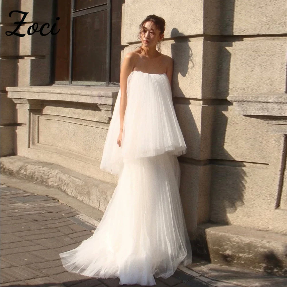 

Zoci Elegant Tiered Tulle Korea Wedding Dresses Customized Strapless Photos Shoot Dress Corset Backless Pleats Bridal Party Gown