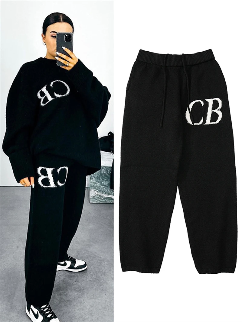 블랙 오버사이즈 CB 로고 모직 바지, 자카드 크루넥 니트 여성 바지, 순면 캐주얼 남성 바지, 최고 품질, 25ss