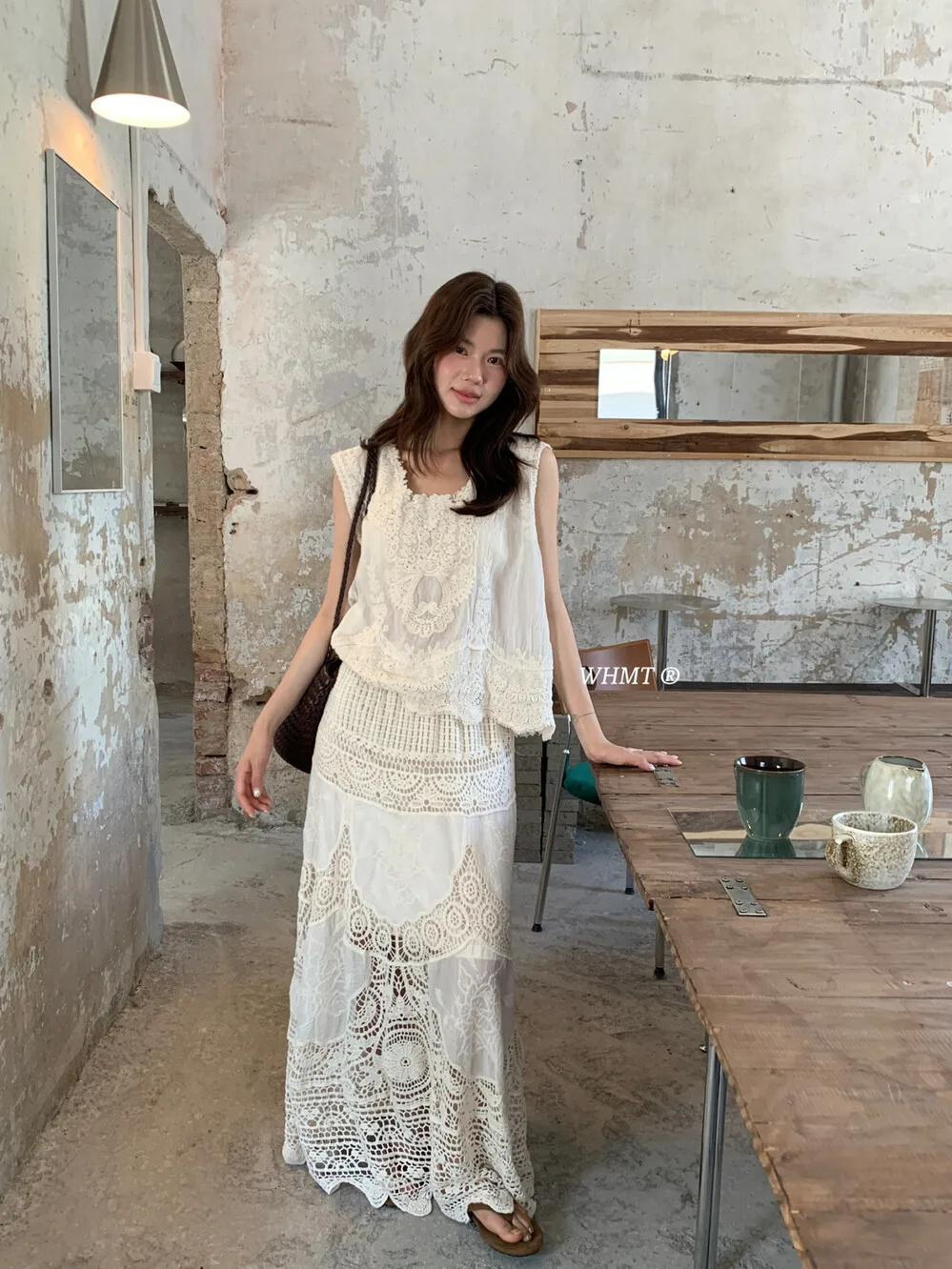 

Elegant Lace Hollow out Hook Embroidery Slimming Elastic Waist Half Skirt Women's Vintage Lazy Style Tank Top Small Shirt