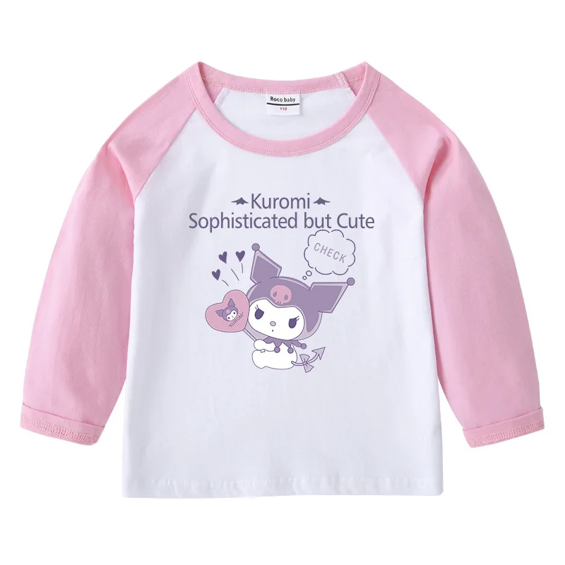 

Оригинальная детская футболка Kuromi My Melody Cinnamoroll на весну и осень, мультяшный Топ, рубашка для мальчиков и девочек, детский хлопковый топ, футболки