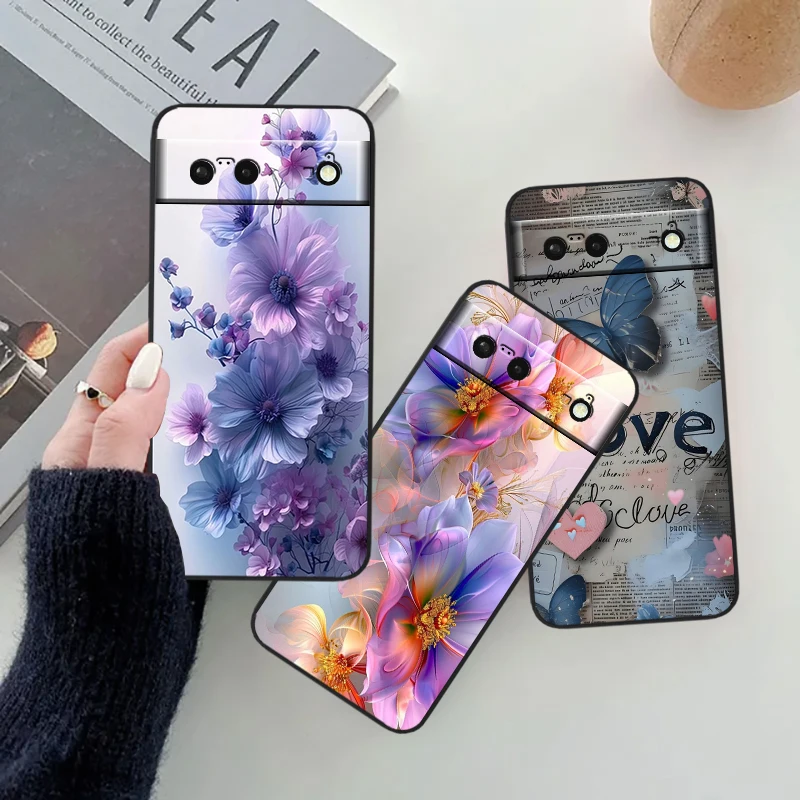 Flower Mysterious Fashion Cool For Google Pixel 8 7A 7 6A 6 5A 5 4 4A XL 5G Black Silicon Shockproof Shell Funda Phone Case