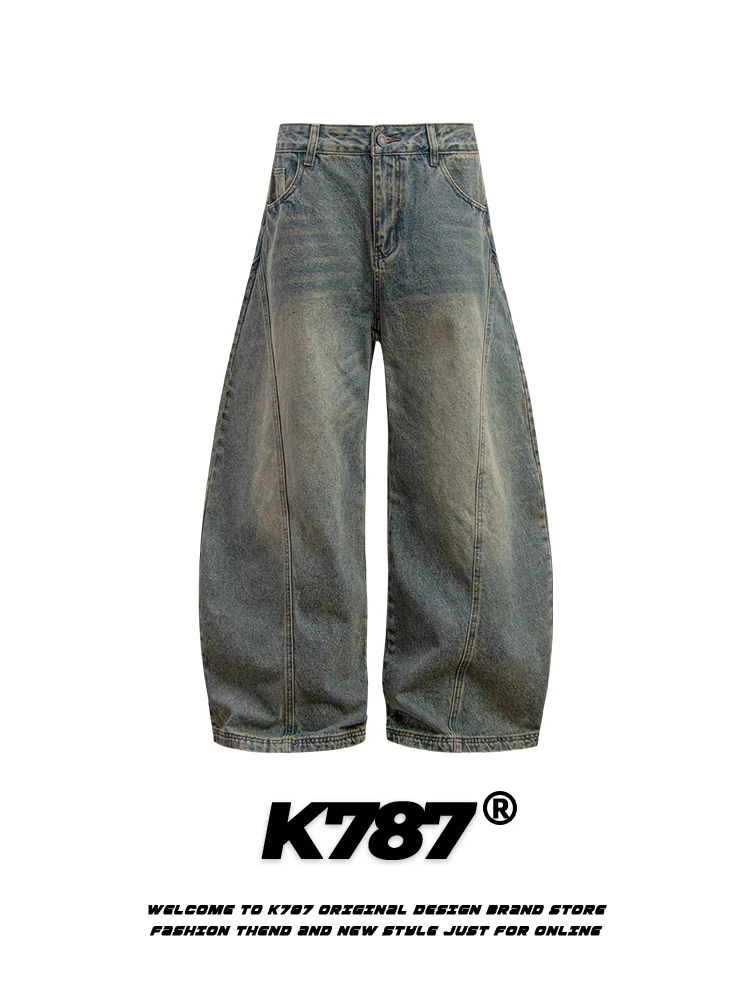 

K787 American Retro Waed Denim Wide Leg Pants Men's Oversize Hip Hop Casual Jeans High Waist Long Cotton Polyester Blend