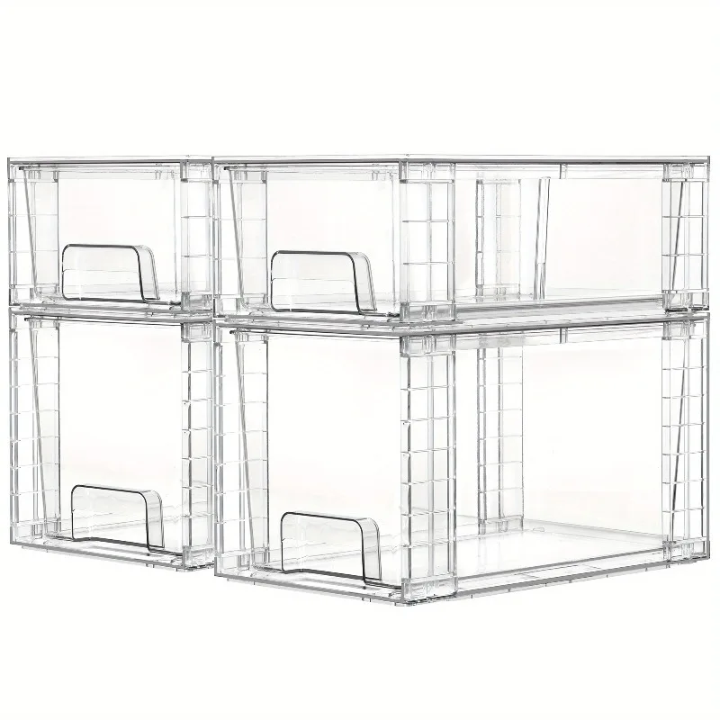 4 Pack Clear Stackable Drawers with Sliding Rails, No Tools Assembly Plastic Organizer for Under Sink,Pantry, Bathroom & Kitchen
