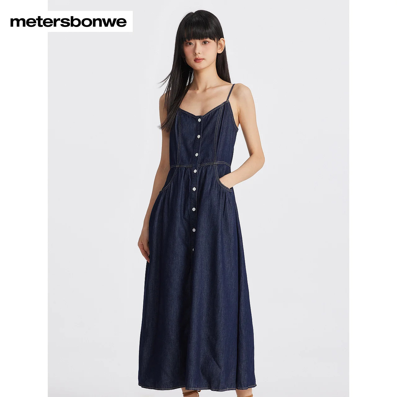 

Metersbonwe-2024 New Summer Slim Denim Dress for Women, Suspender Long Dress, Casual Dress for Girls, High Quality Brand Dresses