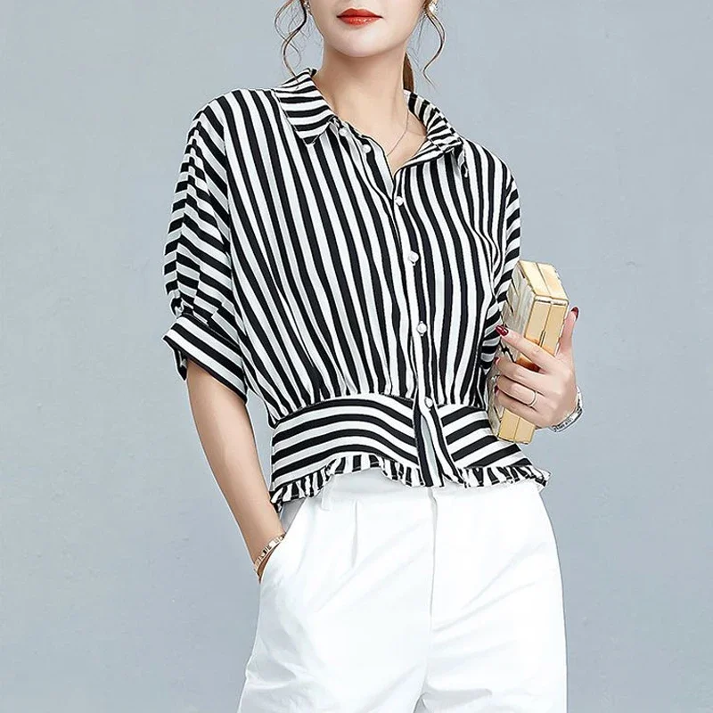 Women Ruffles Striped Shirts Summer Elegant Office Lady Business Casual Blouse Short Sleeve Loose Tops Blusas Mujer De Moda 2023