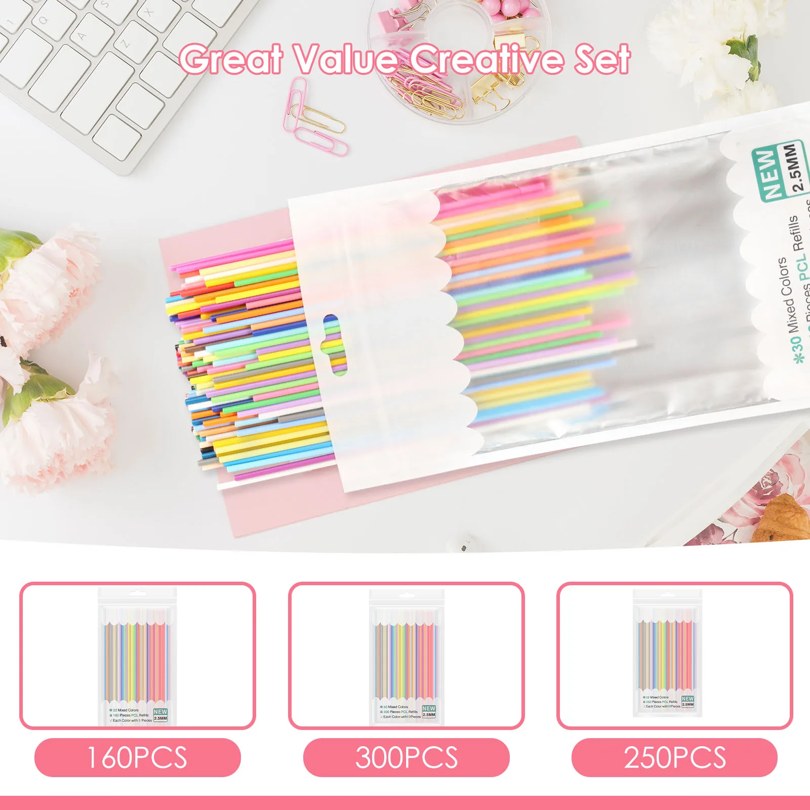 

300/160PCS 32 Colors 3D Pen Filament Refills Compatible with 3Doodler Start+ 2.5mm 3D Printer Doodler Pen Refill Packs for Kids