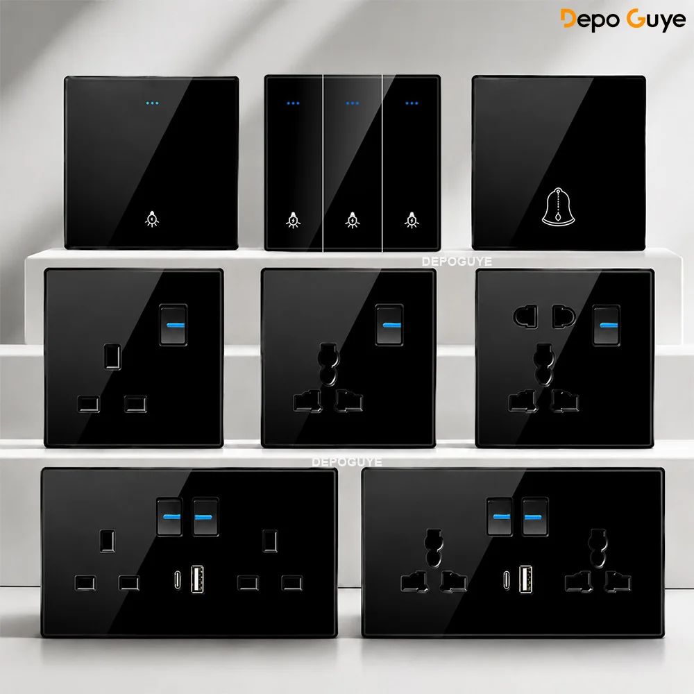 Black Tempered Glass Wall Switch Socket with LED, EU UK Standard Universal Power Outlet USB Type-C Plug for Villa Home Decor