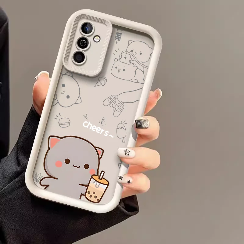 Cartoon Peach Mochi Cat Couple Case for Samsung S25 S24 S23 S22 S21 S20 Plus FE Note 20 Ultra M55 Cute Animal Paired Soft Covers