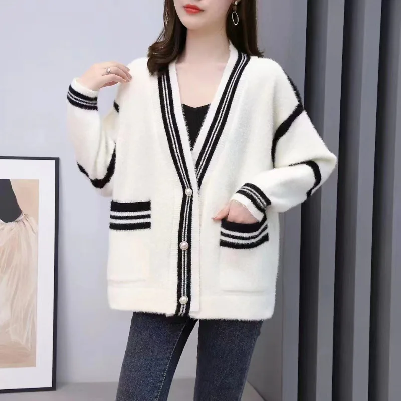 New Spring and Autumn Idle Style Faux Mink Velvet Cardigan Women's Loose Sweater Coat