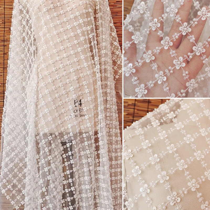 

New Sequins Beaded Mesh Fabric White Pearl Lace Fabric Grid Dress Wedding Dress DIY Lace Decoration Material Bridal Accessories