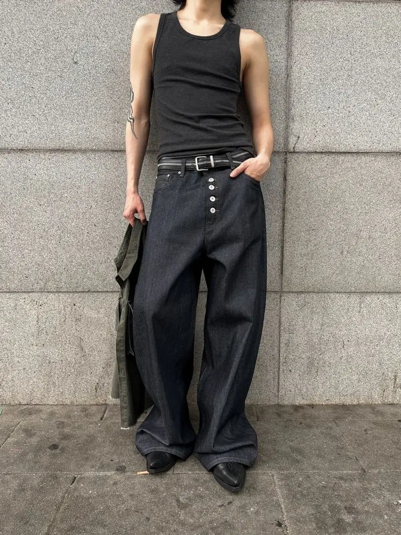 Men's Single Breasted Design Jeans Wide Leg Retro Sweatpants Young Boys Casual Trousers Trendy Male Loose High Waist Pants