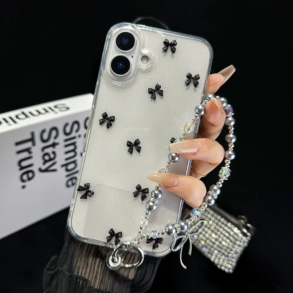 Cute 3D Bowknot Transparent Bracelet Phone Case For iPhone 16 15 14 13 12 11 Pro Max Korea Girl Soft Cover Epoxy Glitter Shell