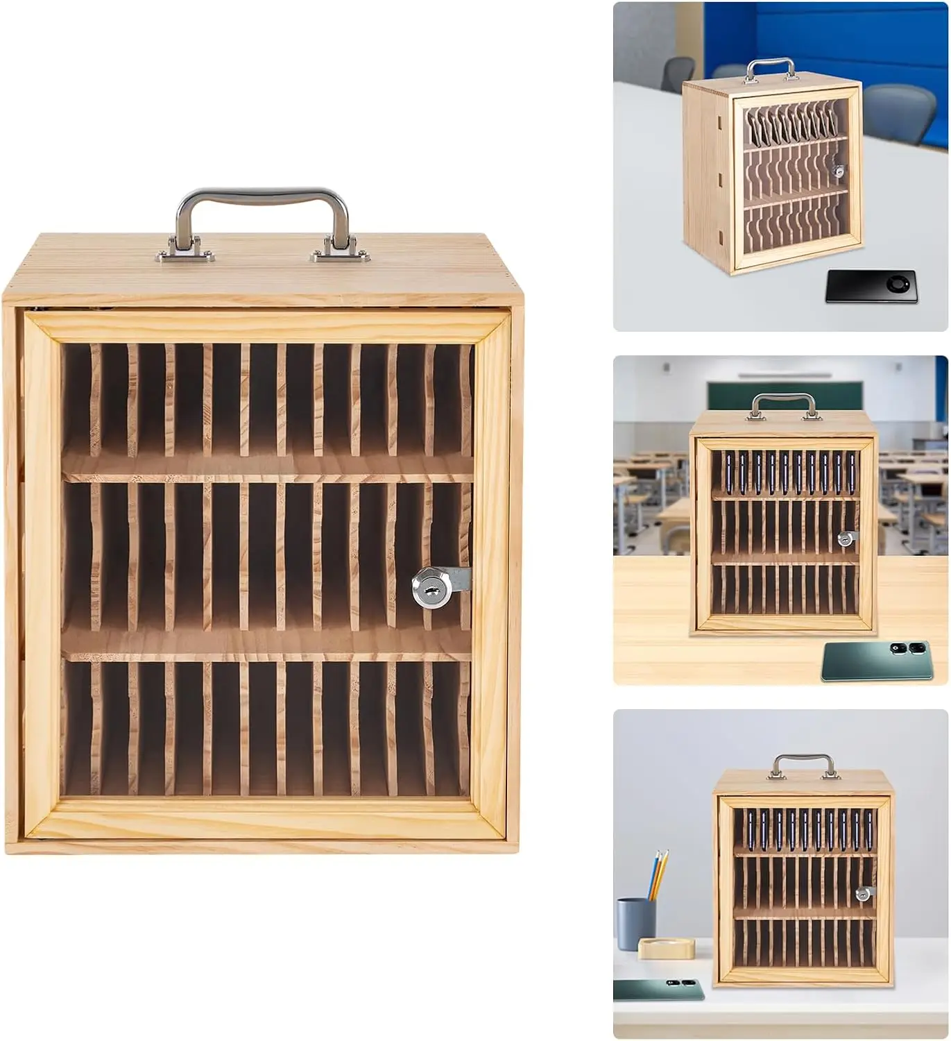 

36 Slots Cell Phone Storage Box, Wood & Acrylic Cell Phone Lockers Storage Cell Phone Locker Box with Lock Pocket Chart
