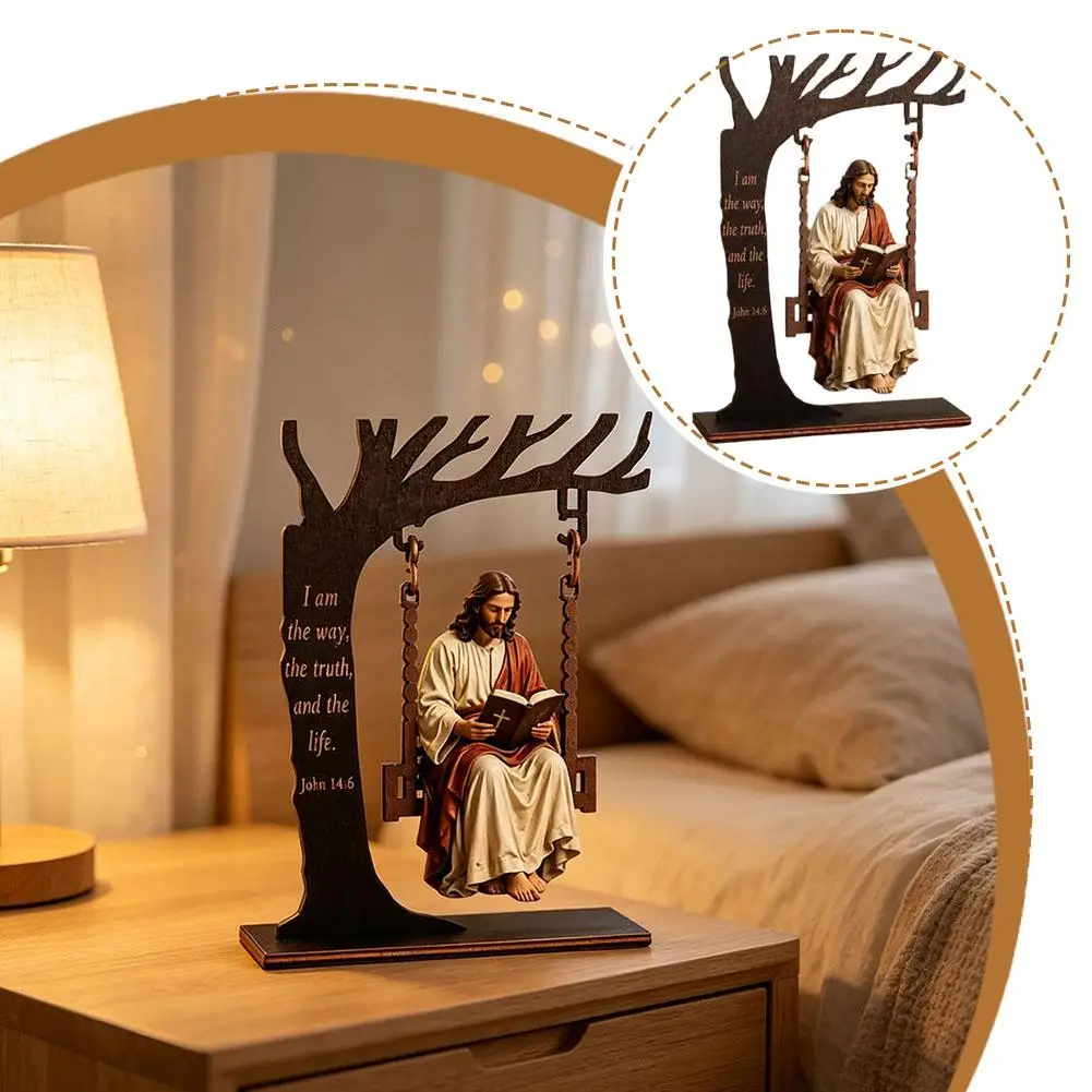 Vintage Wooden Christian Jesus Swing Tabletop Decoration Catholic Verse Engraved Virgin Religious Figurine Faith Home Ornament