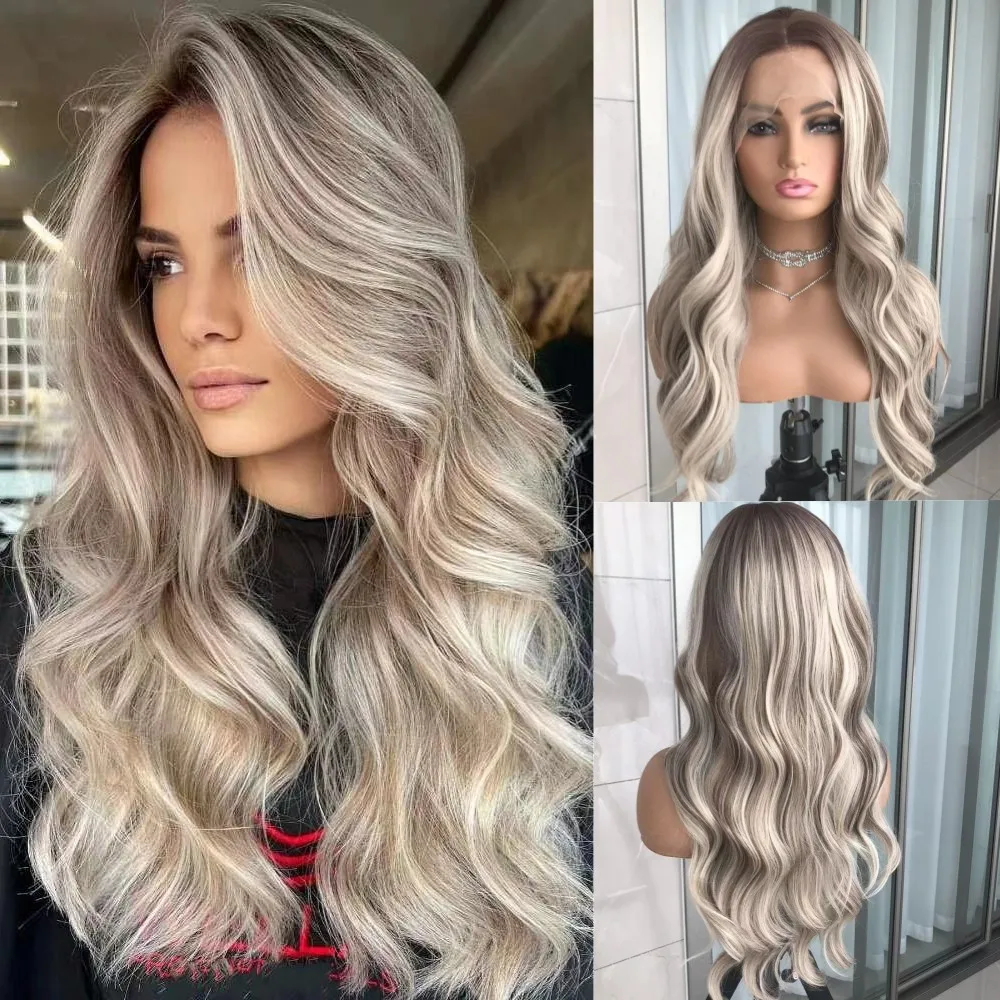 Długa falista koronkowa peruka na przód Włosy syntetyczne dla kobiet Highlight Blonde 13x4” Koronkowe peruki z przodu Body Wave Wstępnie oskubane