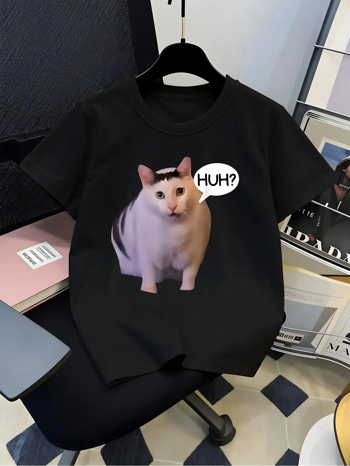 Funny Huh Meme Kitty Cute Cartoon Creature Art Graphic Print Family Matching Short Sleeve Tee Boys Girls Kids Casual Tops
