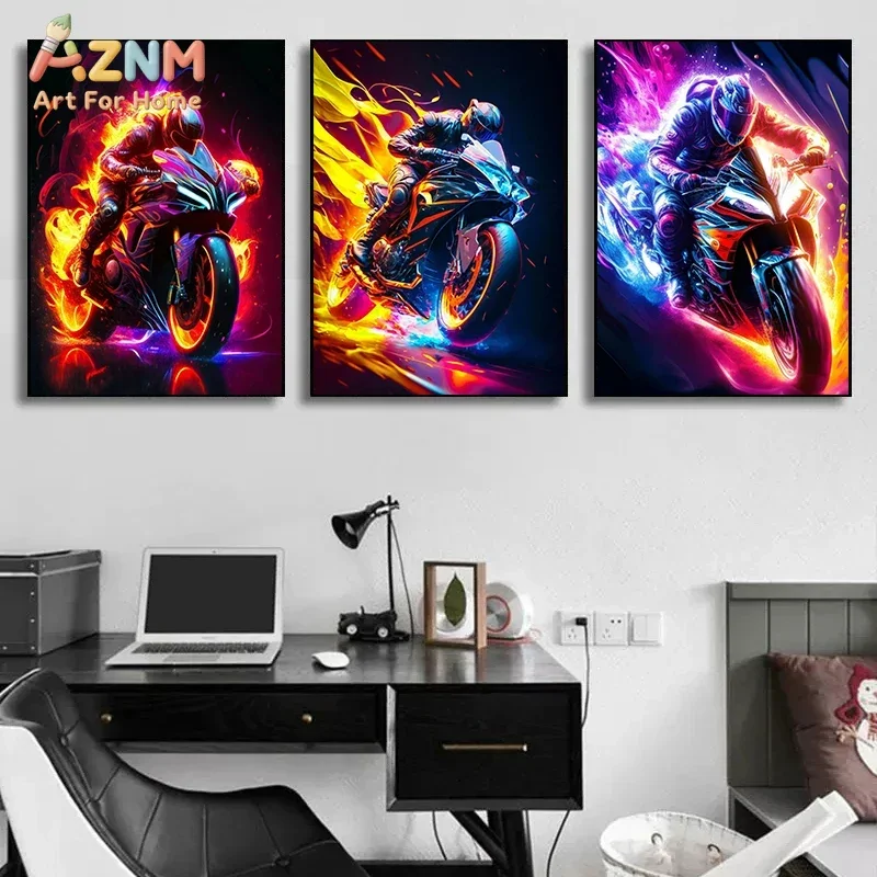 AZNM Neon Motorcycle Canvas Print, Frameless Cool Biker Motorbike Wall Art Poster, Cyberpunk Style for Boys Room Man Cave Decor