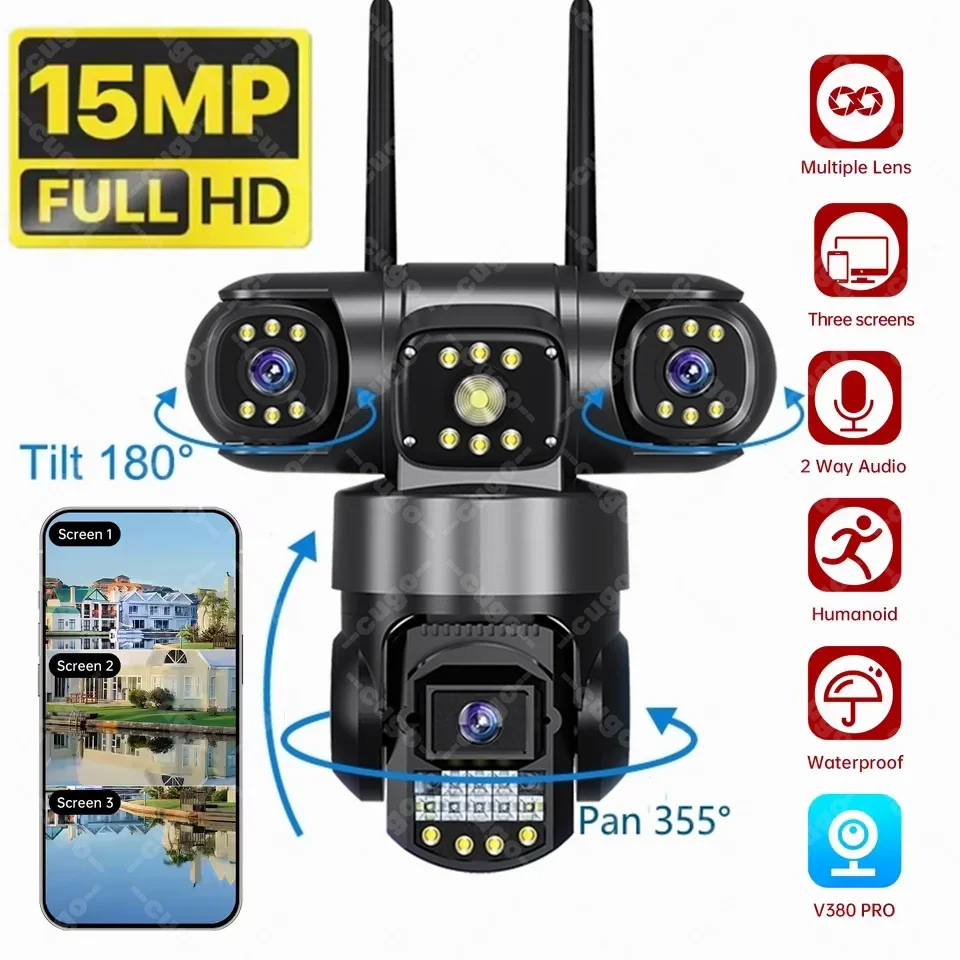 15MP Wireless Camera PTZ Outdoor Three Lens Three Screens WIFI Cameras 10X Zoom AI Human Detection Security IP Cam Surveillance