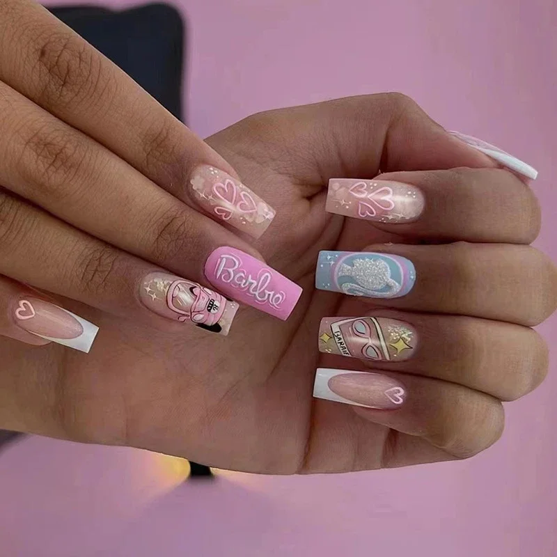 24 unids/set medio largo cuadrado europeo usando uñas postizas diseños multicolores de arcoíris prensa en uñas uñas postizas de lámina dorada francesa