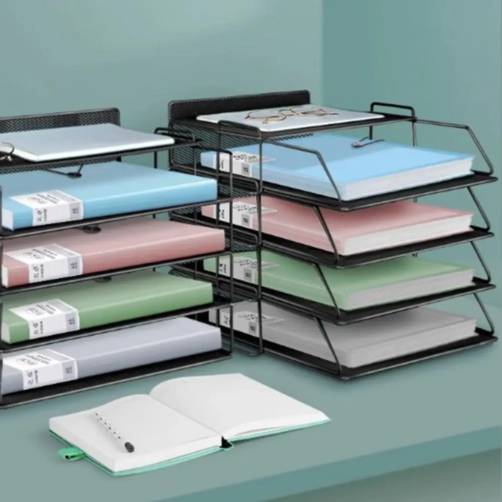 4-Tier 35*25 سنتيمتر مكتب تخزين الرف مع حامل قلم شبكة معدنية منظم سطح المكتب ملف حامل مدير الملفات الجدول مكتب الملحقات