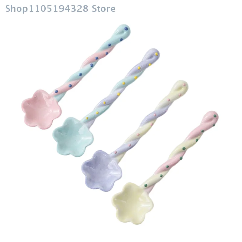 [HM] 1 قطعة ملعقة سيراميك بمقبض طويل آيس كريم لطيف مرسومة يدويًا ملعقة حلوى مع مقبض طويل ملحقات أدوات المائدة المطبخ