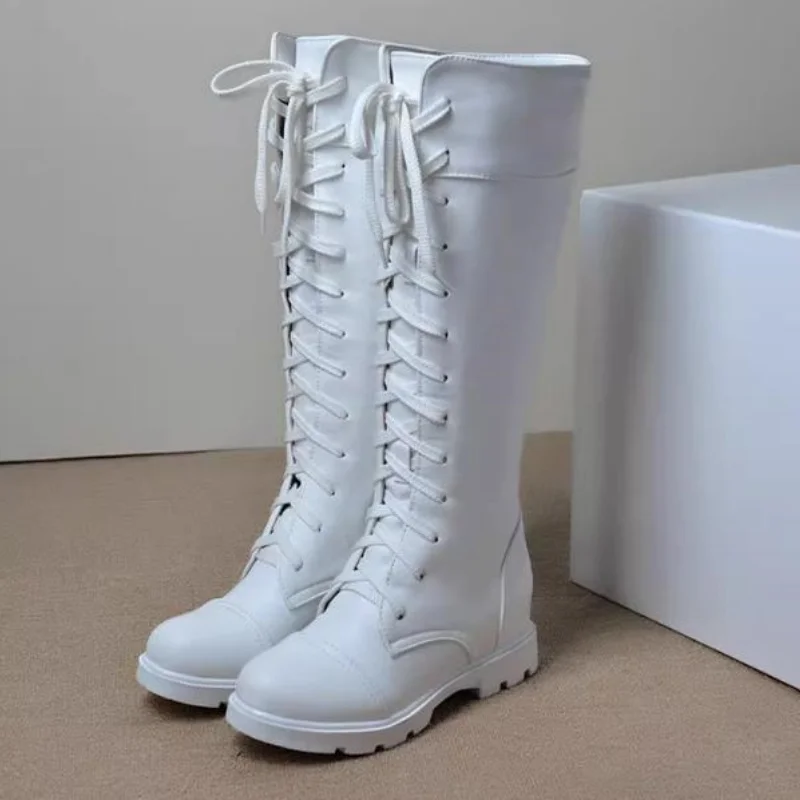 Women Lace Up Knee High Boots Autumn Soft Leather Fashion White Square Heel High Pu Boots Large Size 34-43