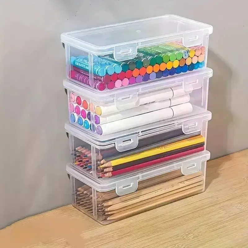 4Pcs Plastic Pencil Storage Box Transparent Large Capacity Pen Marker Organizer Box With Lock Lid For Student Stationery Craft