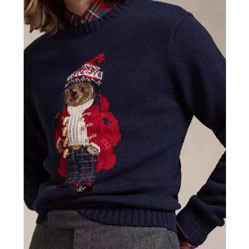 2025 New Men Women Autumn and Winter Christmas Sweater Embroidery RL Bear Long Sleeve Knitted Pullover Couples Cotton Jumper