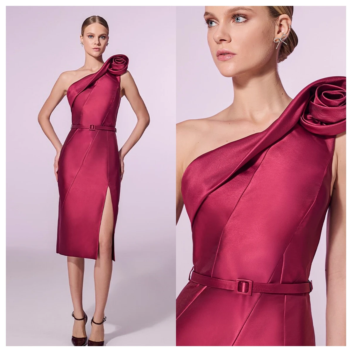 Vestido de noche de satén fucsia moderno personalizado, un hombro, sin mangas, vestidos para ocasiones especiales, vestido de fiesta, cinturón con cremallera en la espalda