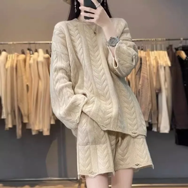 Extra Large Sweater Set Female Large Size Loose Knitwear Intensification External Penetration Long-sleeved Shorts Two-piece Lazy