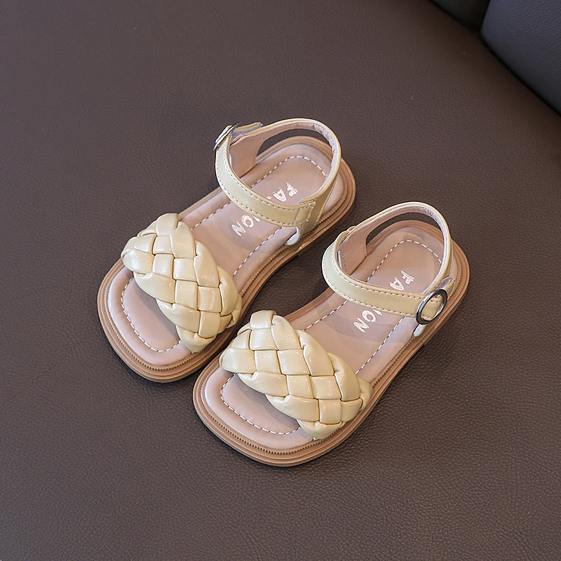 Toddler Shoes Girl Summer Braided Vacation Square Toe Cute Children Sandals Beige Yellow 21-36 Pu Leather Fashion Kids Sliders