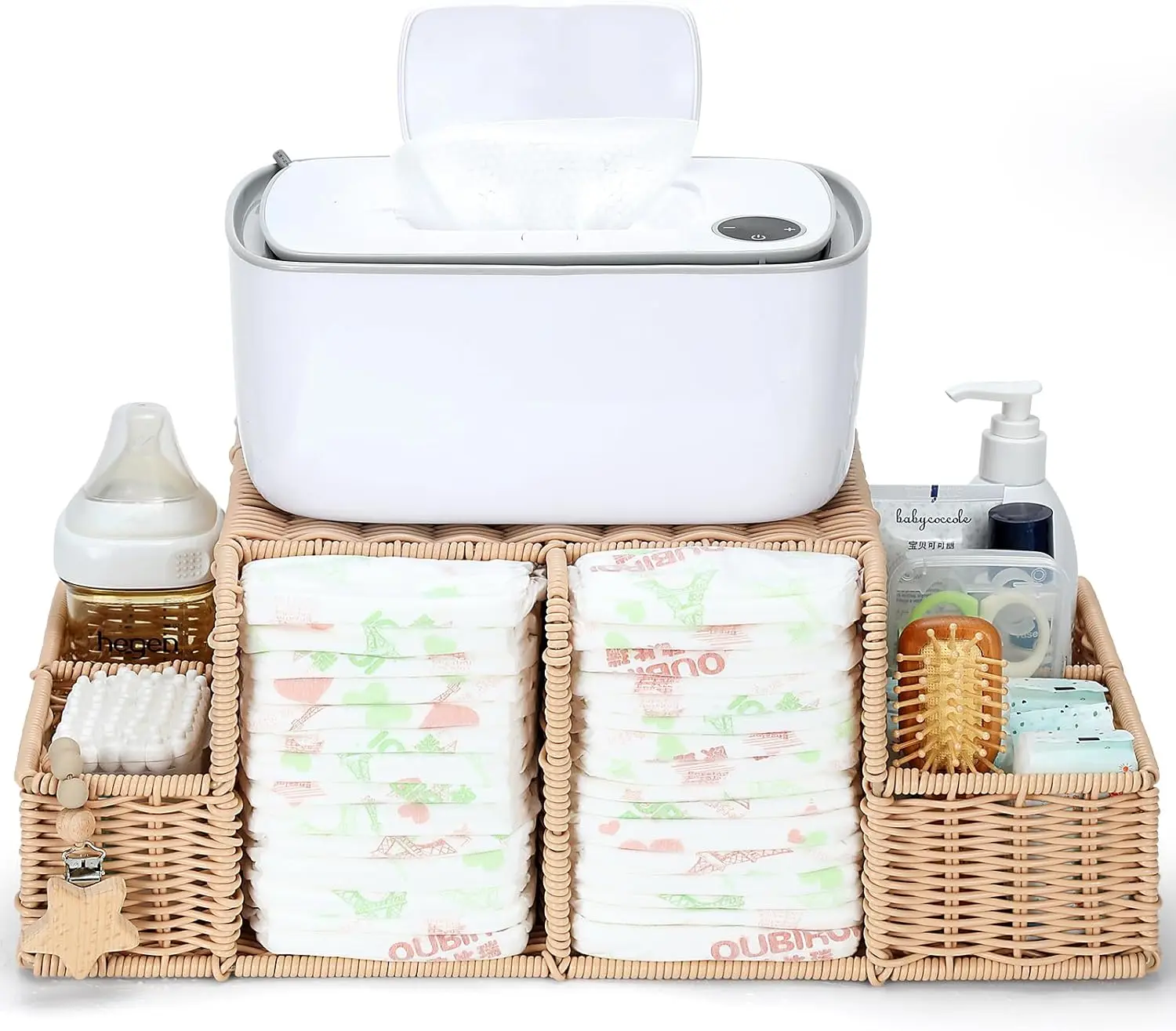 

Diaper Caddy Organizer, Hand Rattan Nursery Storage Basket for Baby Essentials, Baby Changing Table Organizer Perfect Nu