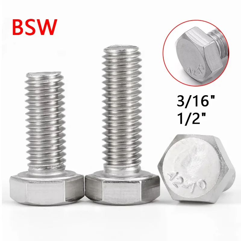 1/10pcs DIN933 Hex Head Screws 3/16'' 1/2'' BSW 304 A2-70 Stainless Steel External Hexagon Bolts Full Threaded