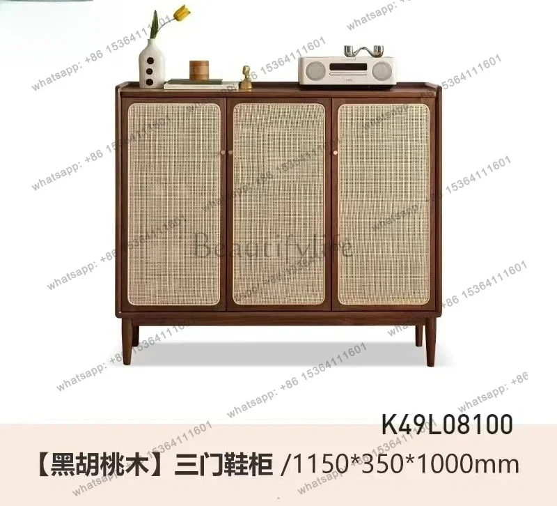 solid wood shoe cabinet simple living room door Japanese rattan storage cabinet black walnut entrance cabinet