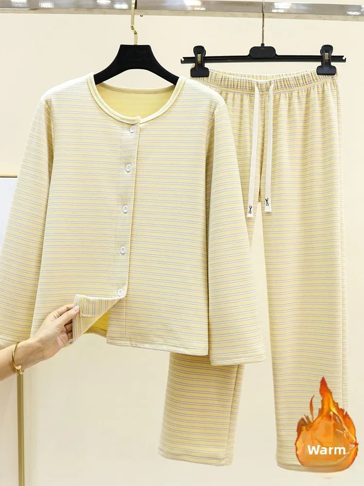 Thickened Double-sided Velvet Home Clothes Set Winter Home Stripe Sleepwear Large Size Fleece Warm Open Cardigan Long Pants