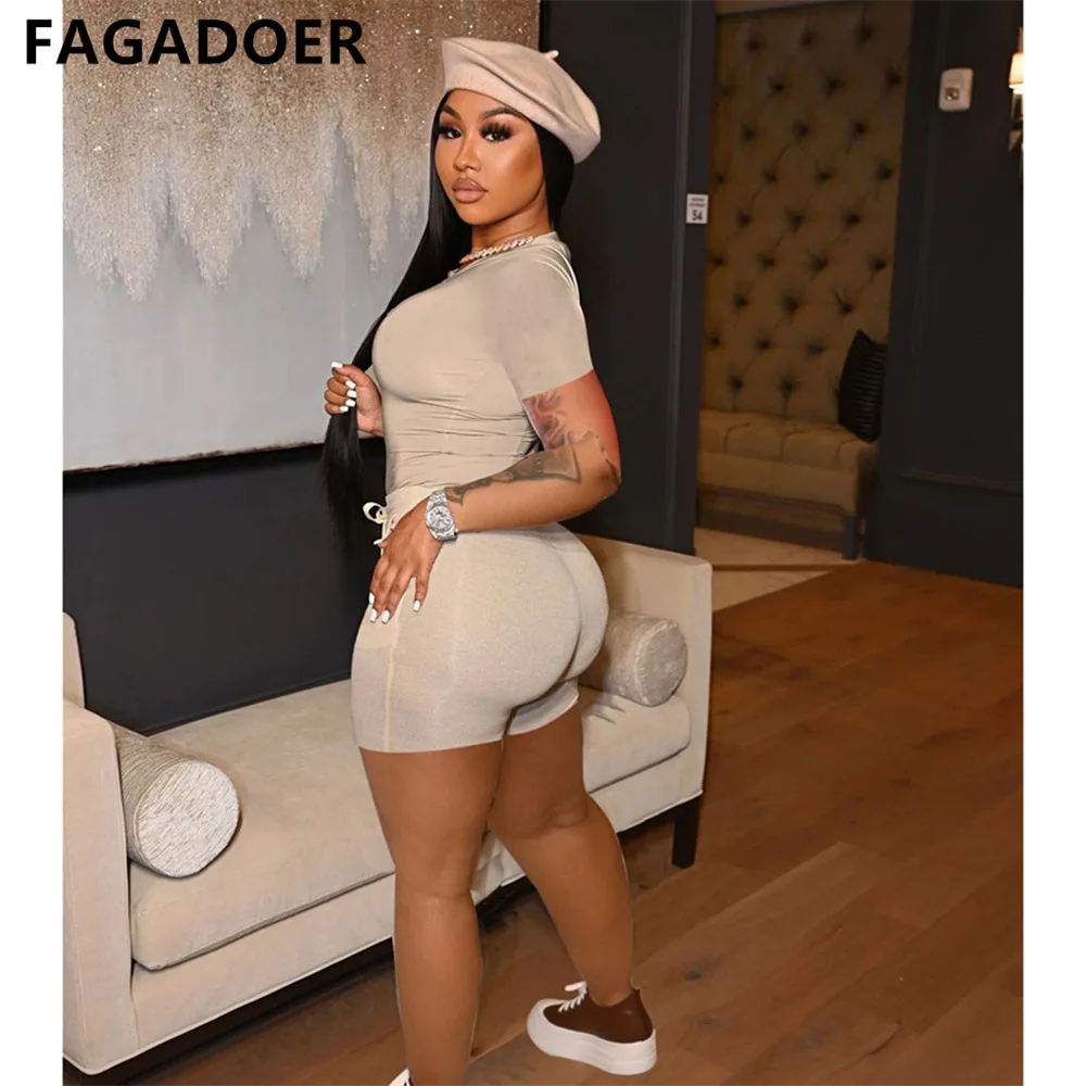 FAGADOER Solid Color Short Sleeve Crop Top and Pockets Biker Shorts 2 Pcs Set Sexy Slim Summer Fashion Outfit Casual Streetwear