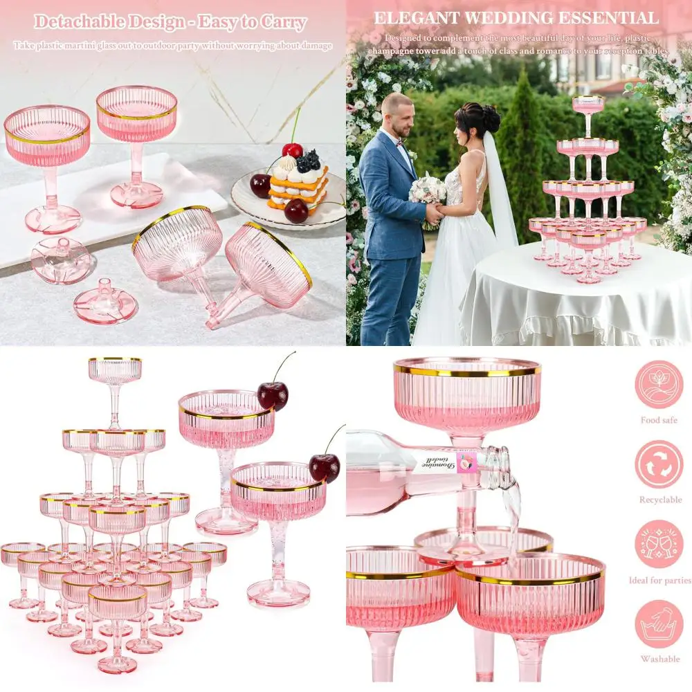 

Stackable 5oz Pink Champagne Glasses with Gold Rims for Weddings, Parties, and Bar Events