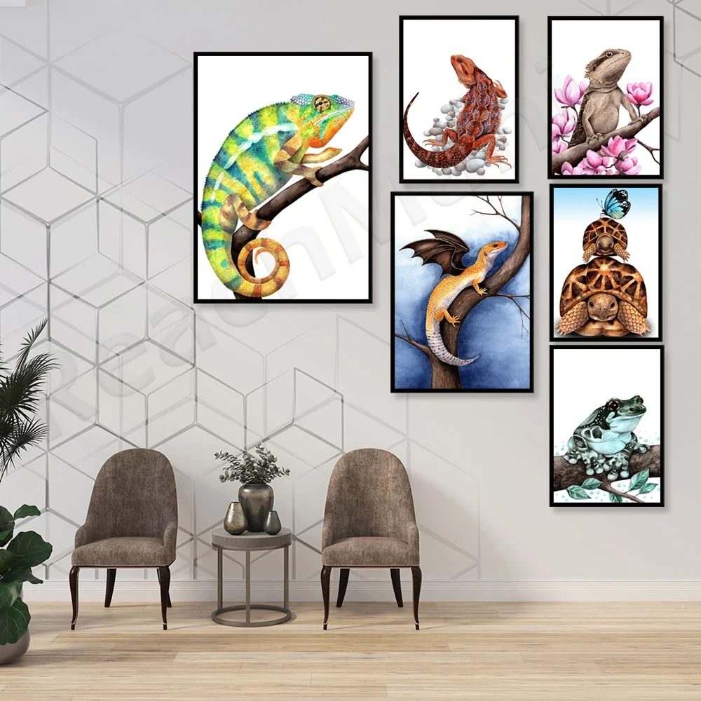 Yellow Lizard Print, Snake Reptile Posters, Lizard Wall Art, Reptile Painting, Iguana Wall Decor, Tortoise And Butterfly Canvas