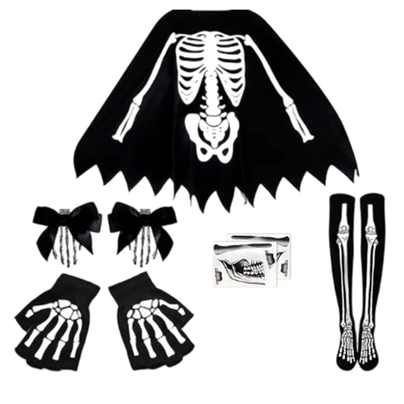 Halloween Costume Set Bone Print Top Gloves Over the Knee Socks Sticker Sheet Hair Clips Cosplay Outfit for Parties 6XDA