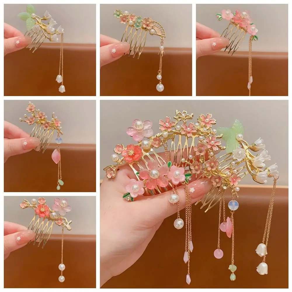 

Tassel Flower Hair Comb Fan Pearl Children's Hairpin Hair Chopstick Hanfu Headwear Chinese Style Hair Stick