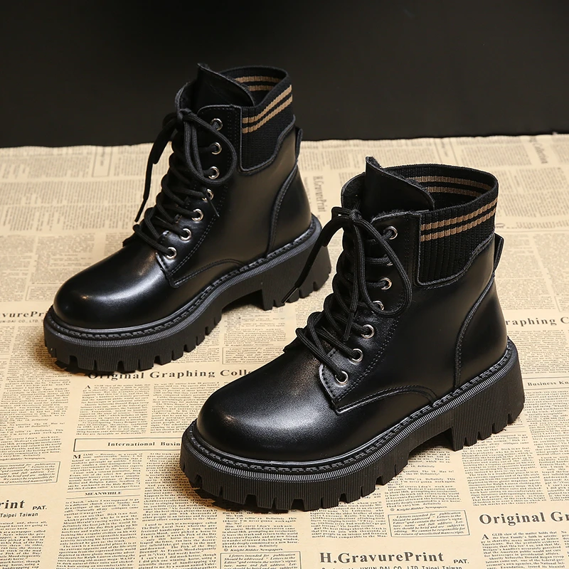 Botas de tornozelo femininas salto grosso cor sólida estilo inverno moda rendas plus size botas de motocicleta casuais confortáveis