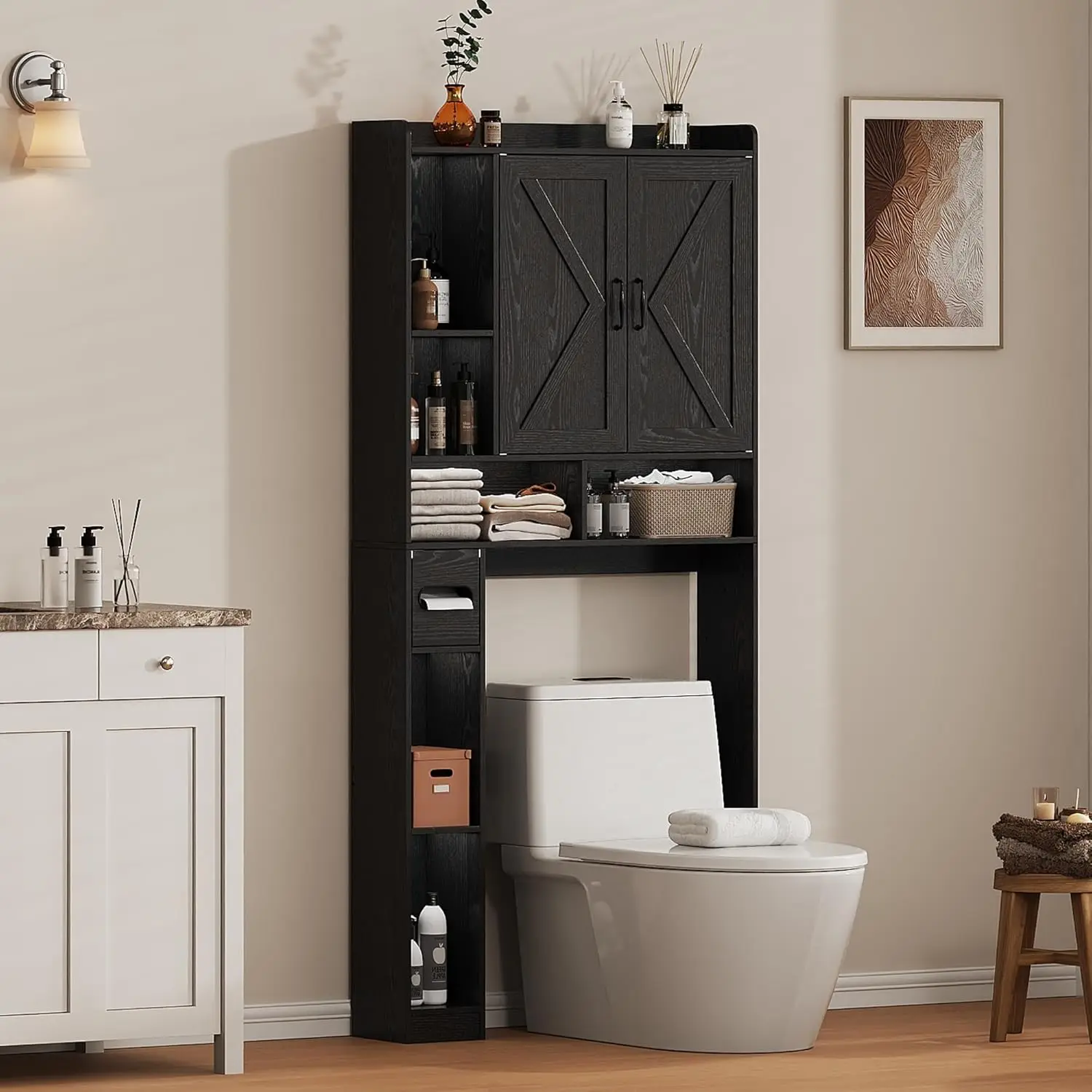 

Over The Toilet Storage Cabinet, 31.1”W Bathroom Organizer with Double Doors, Above Toilet Rack, Detachable Toilet Paper Hol