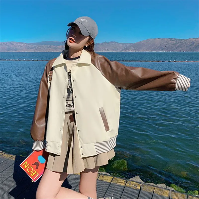 Spring Autumn PU Leather Jacket Women Join Together Long Sleeve Outerwear Casual Contrasting Leather Baseball Uniform Coat
