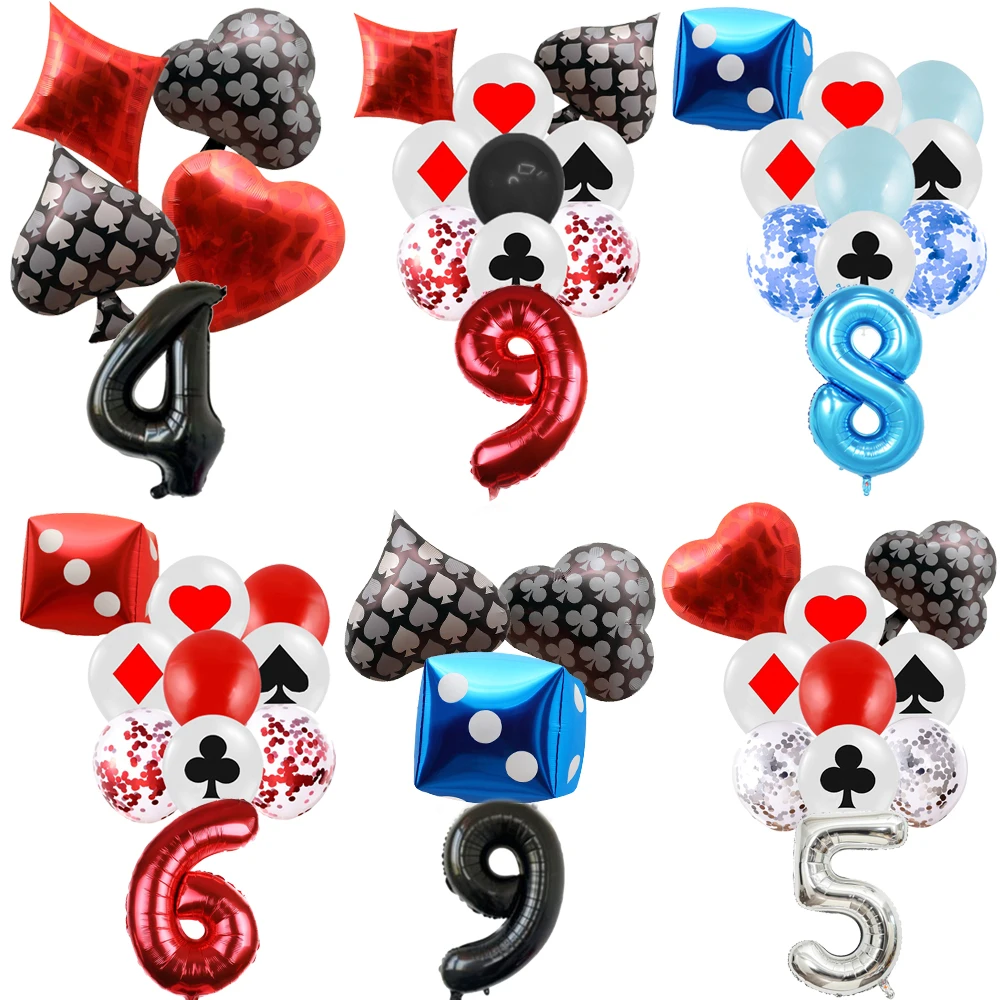 Casino Poker Spade Heart Club Diamond Dice Birthday Party Decoration Number Metallic Latex Balloon Baby Shower Photography Props